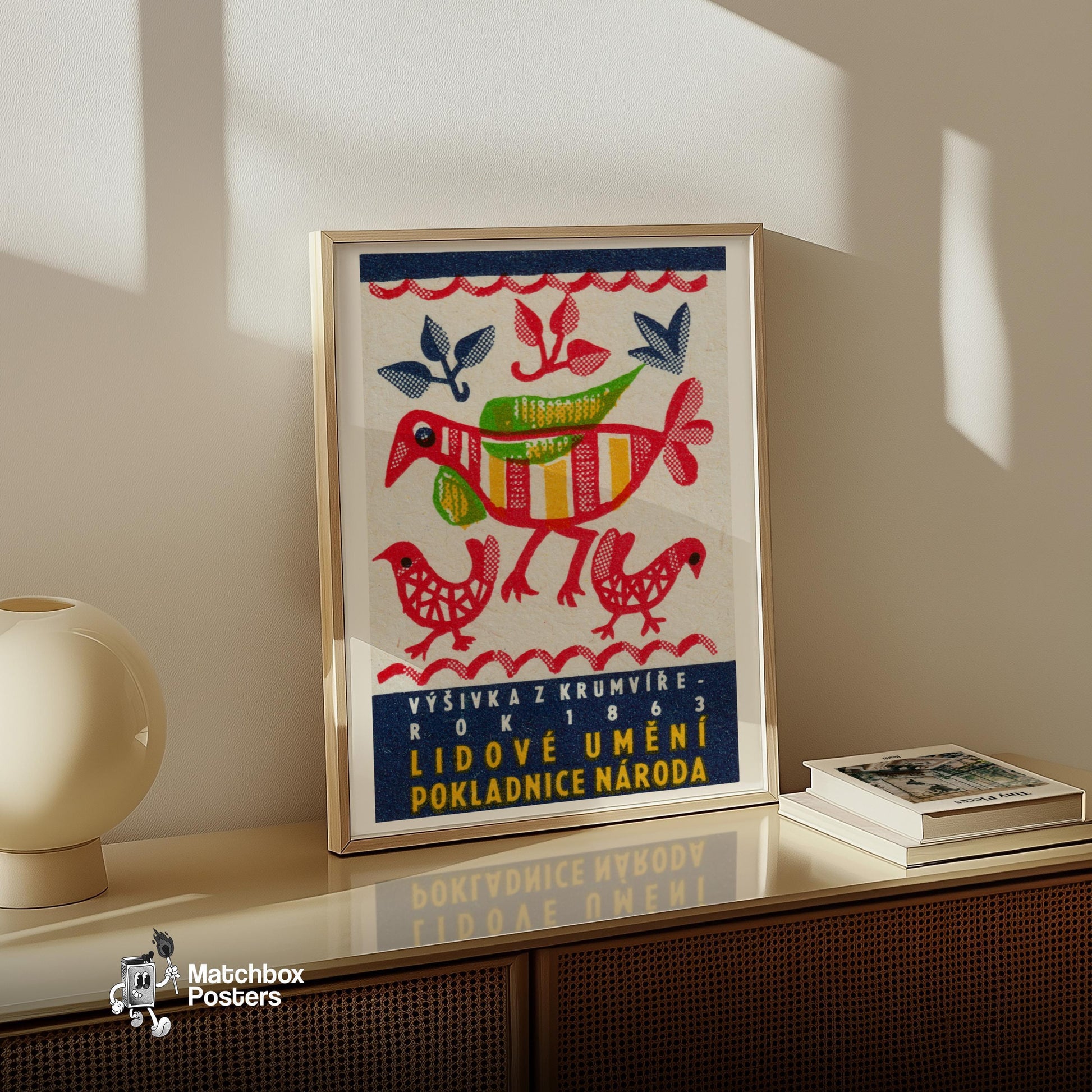 Stylized Red - vintage matchbox label print - size comparison