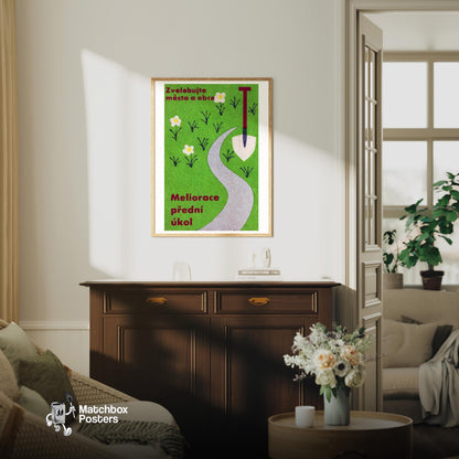 Shovel and Flowers - vintage matchbox label print - living room mockup