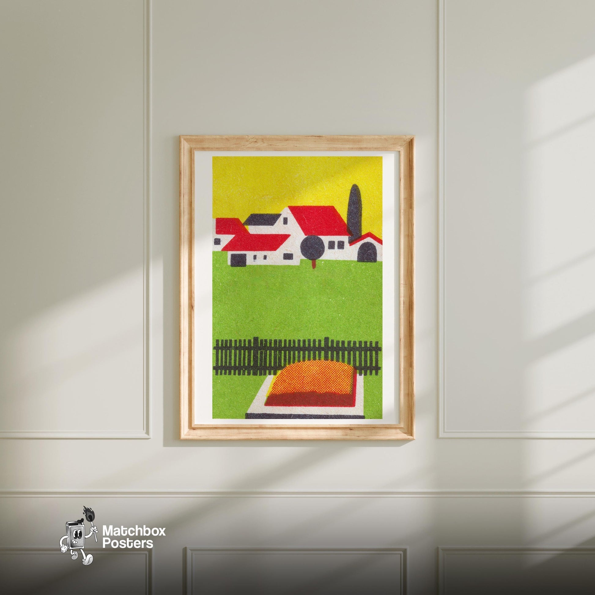 Rural House - vintage matchbox label print - bedroom mockup