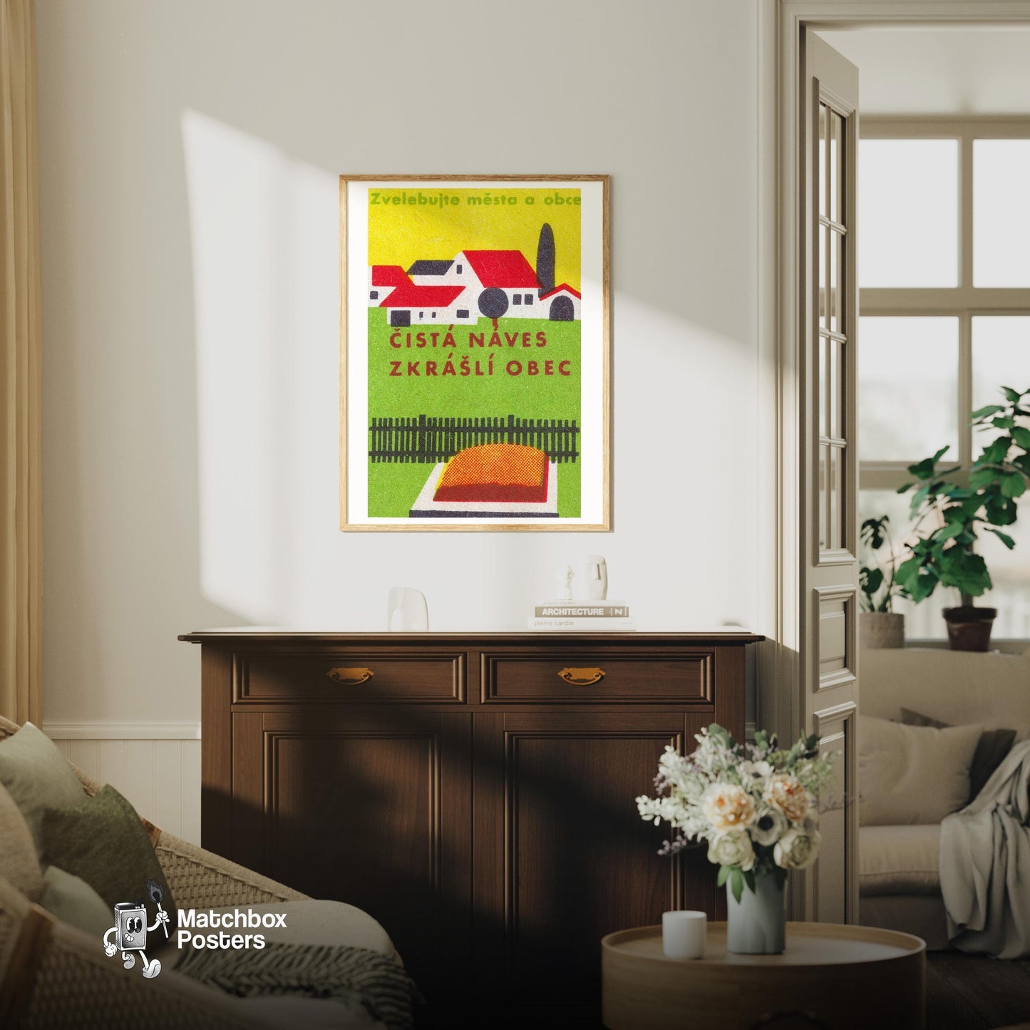 Czech Houses - vintage matchbox label print - living room mockup