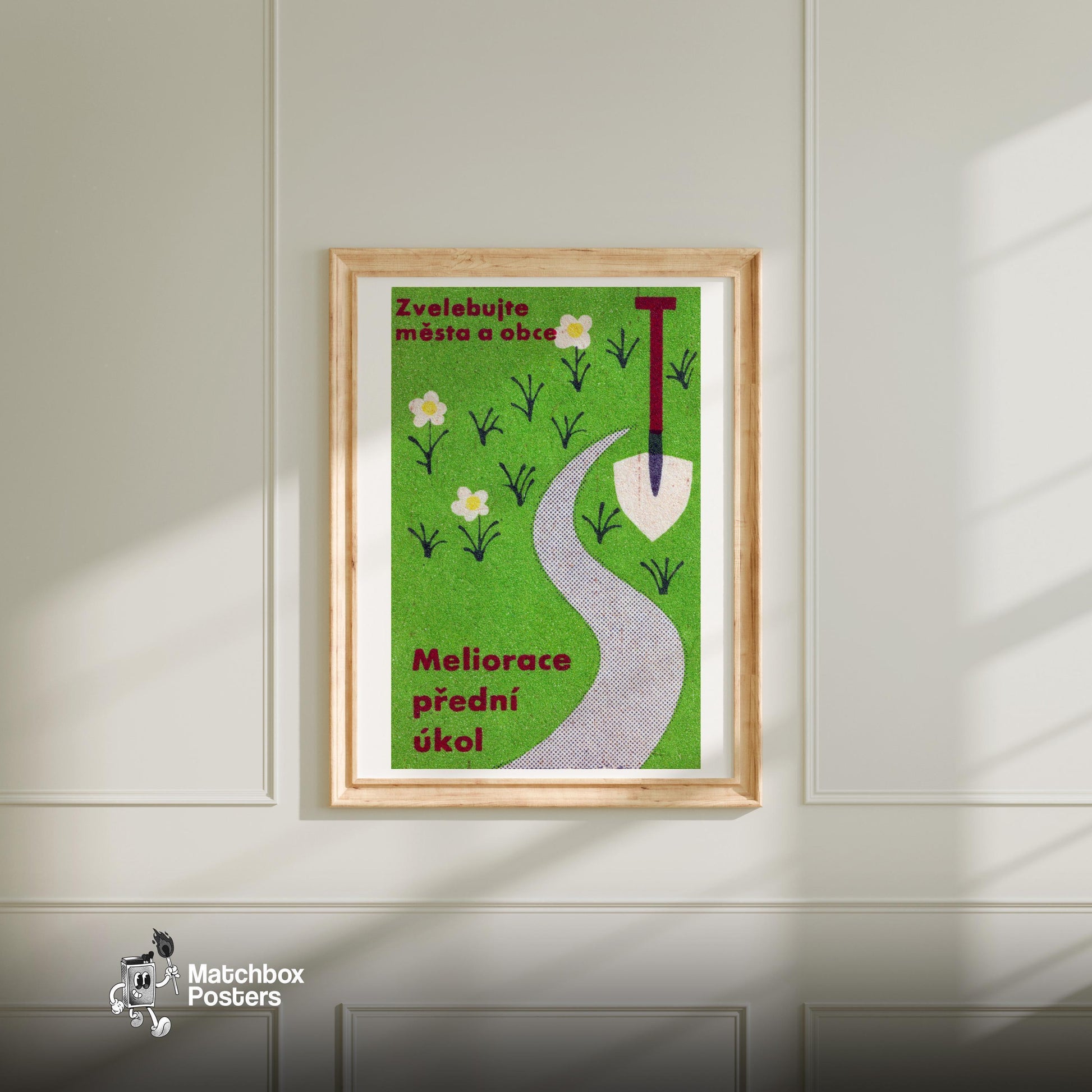 Shovel and Flowers - vintage matchbox label print - bedroom mockup