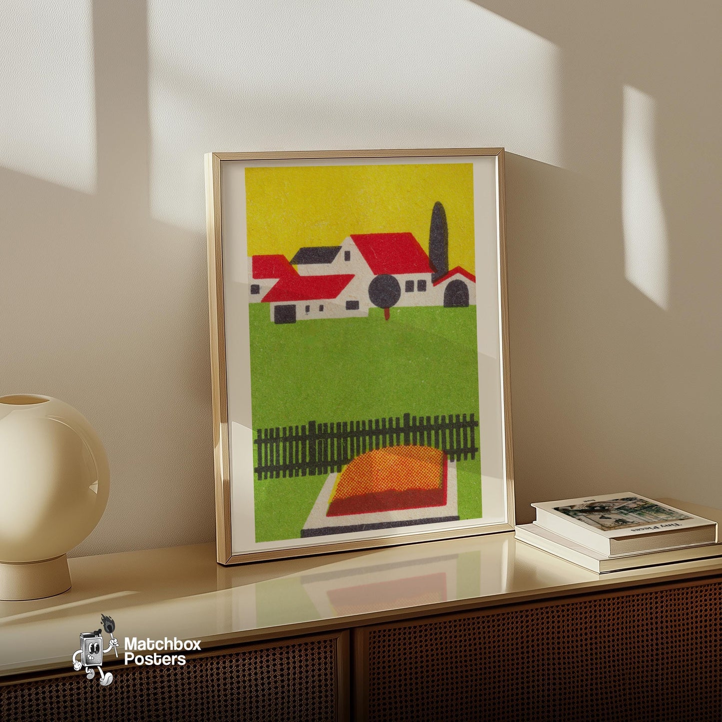 Rural House - vintage matchbox label print - size comparison