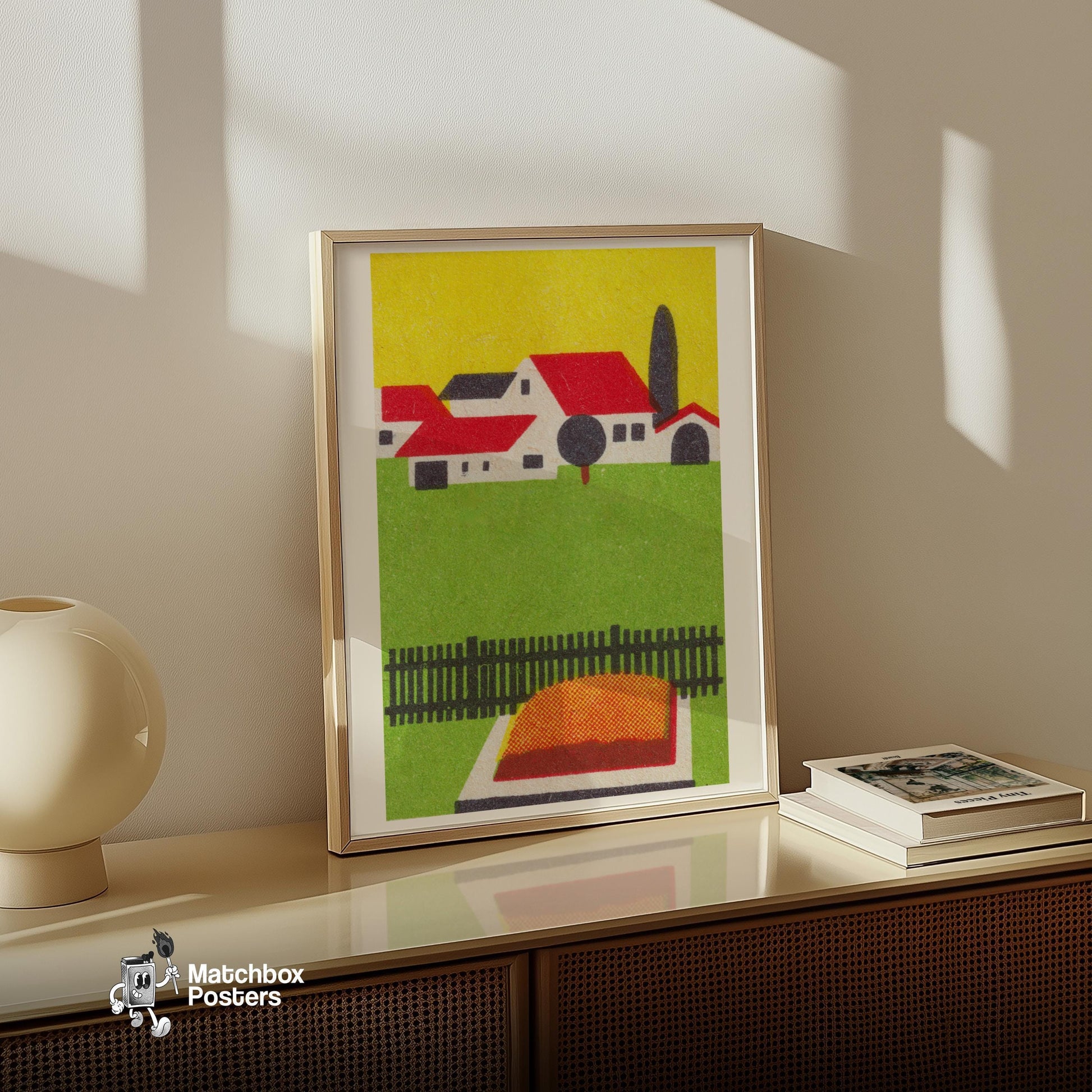 Rural House - vintage matchbox label print - size comparison