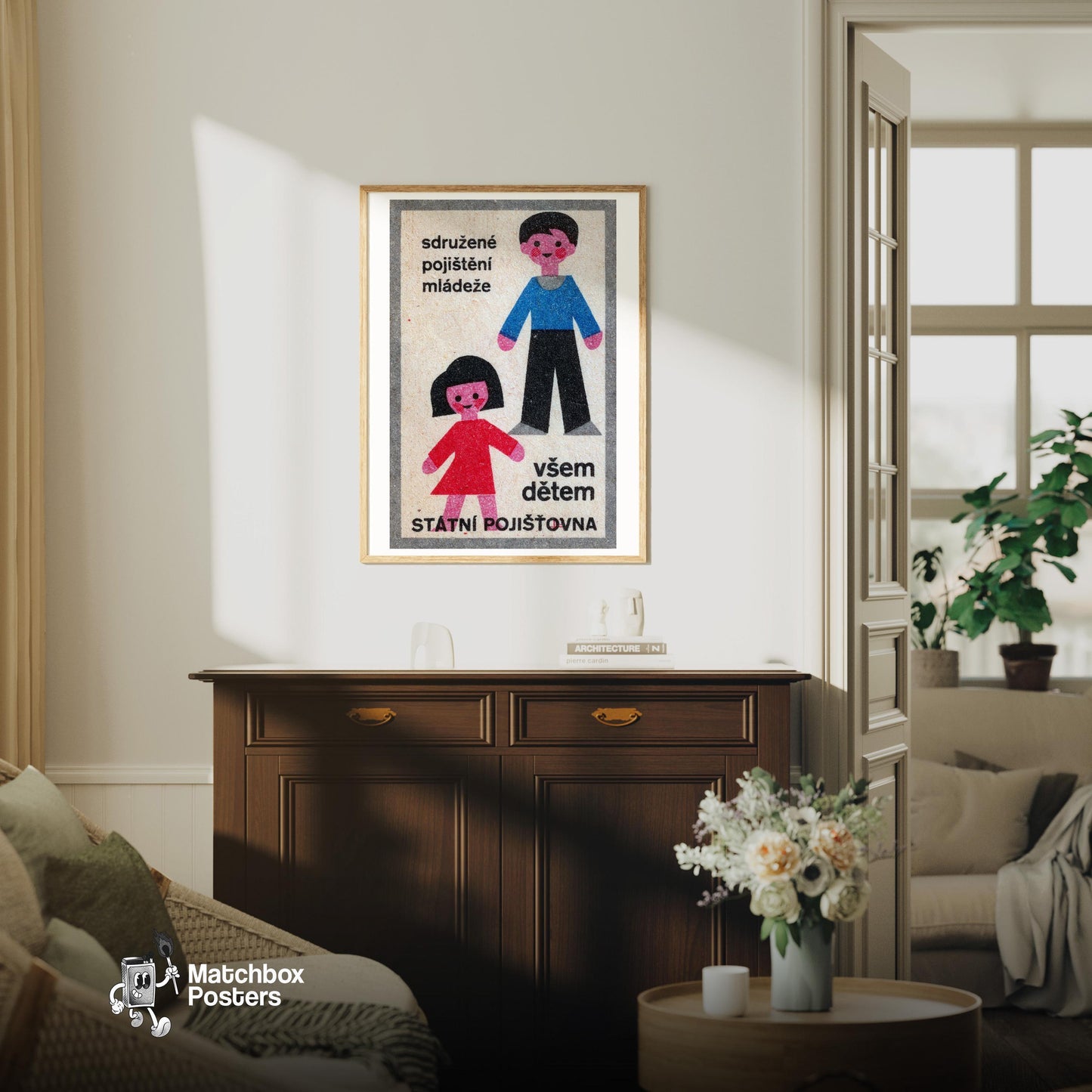 Illustration Of A Boy - vintage matchbox label print - living room mockup
