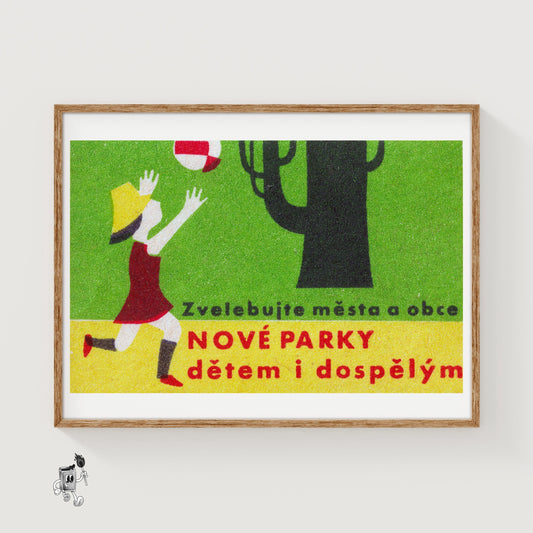 Girl Chasing Ball - vintage matchbox label print