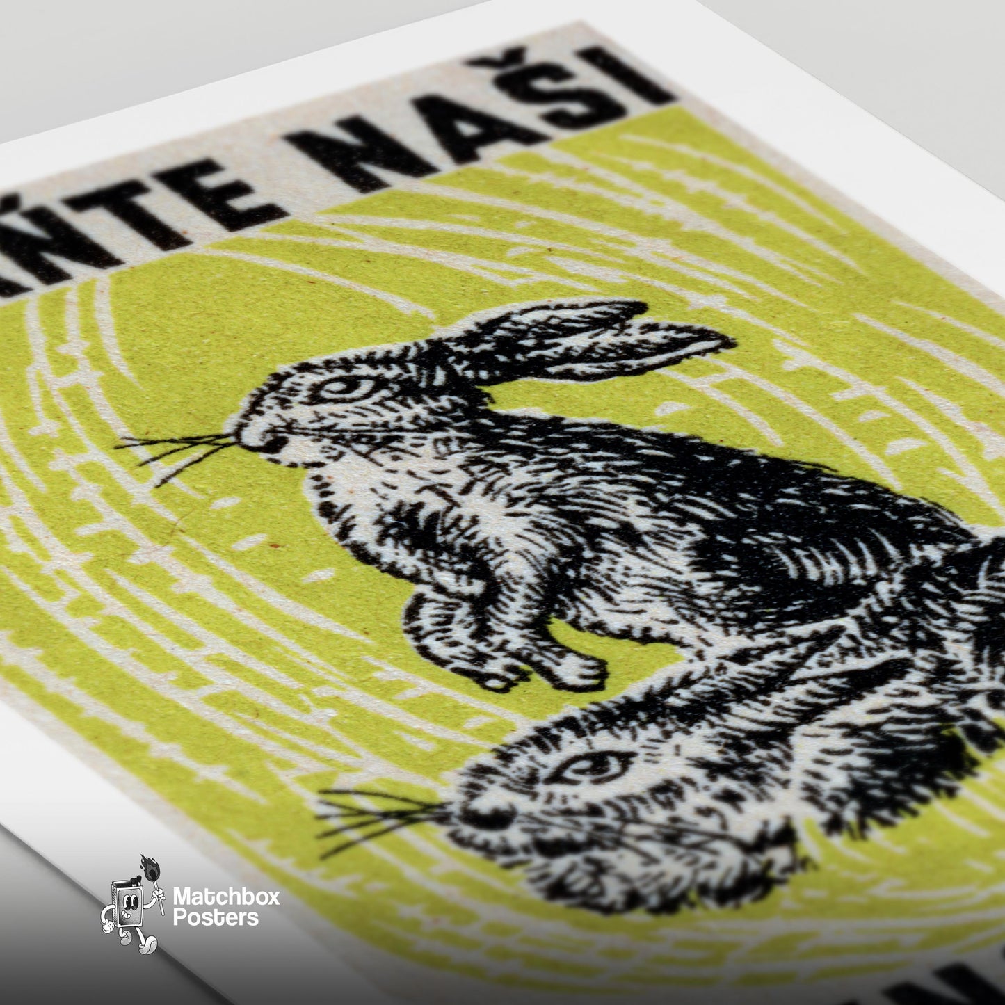 Two Rabbits - vintage matchbox label print - close-up detail