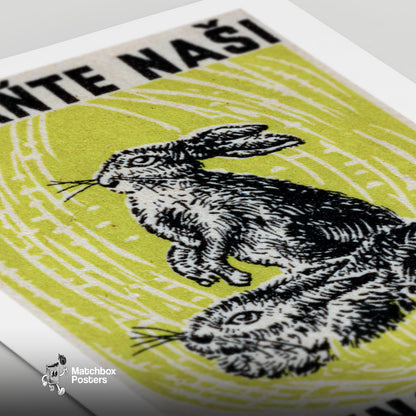 Two Rabbits - vintage matchbox label print - close-up detail