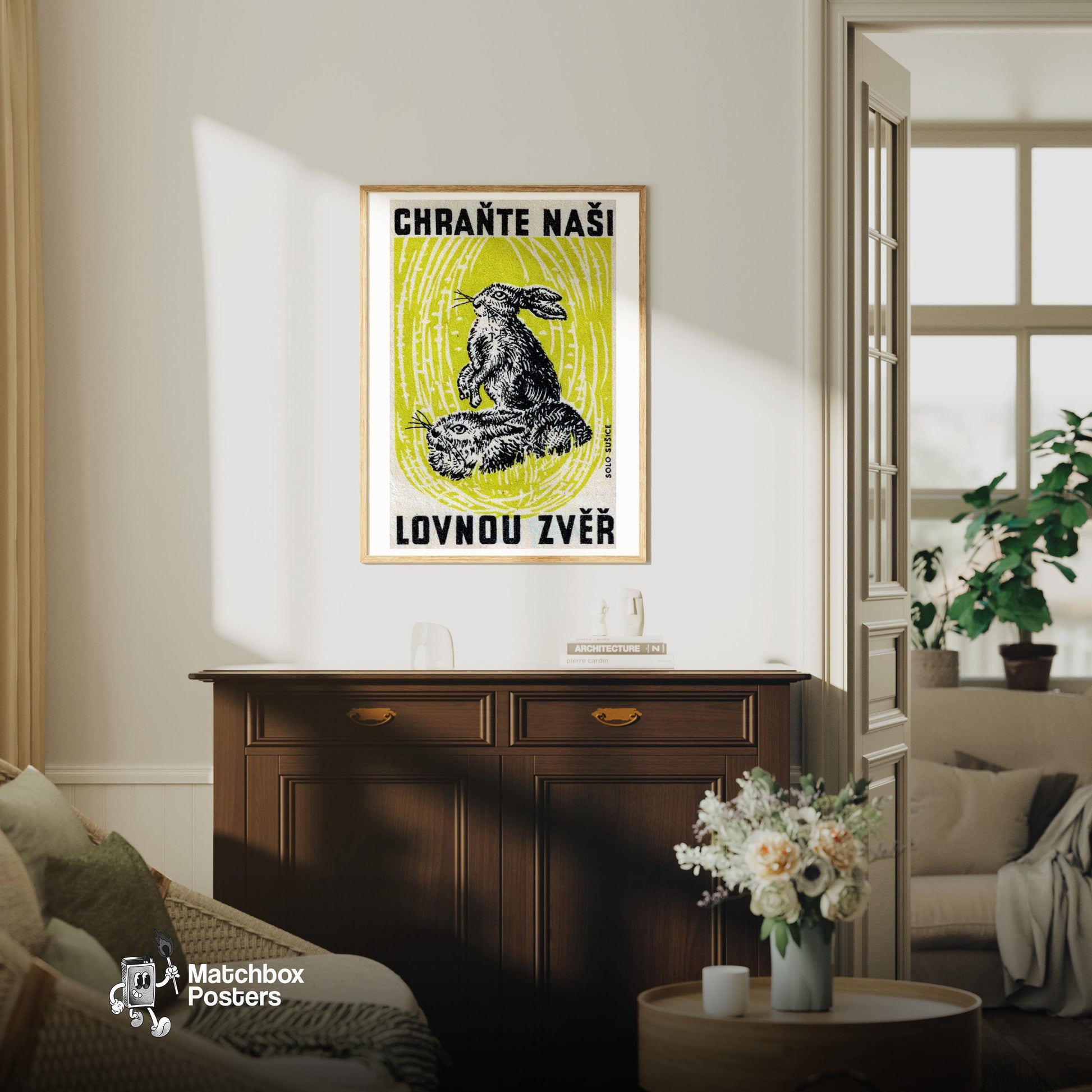 Two Rabbits - vintage matchbox label print - living room mockup