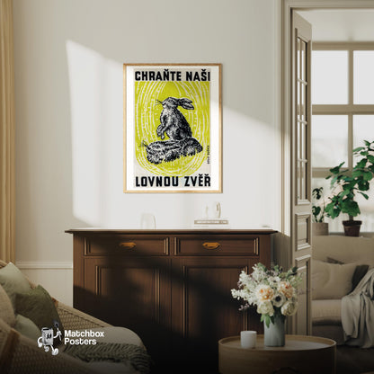 Two Rabbits - vintage matchbox label print - living room mockup