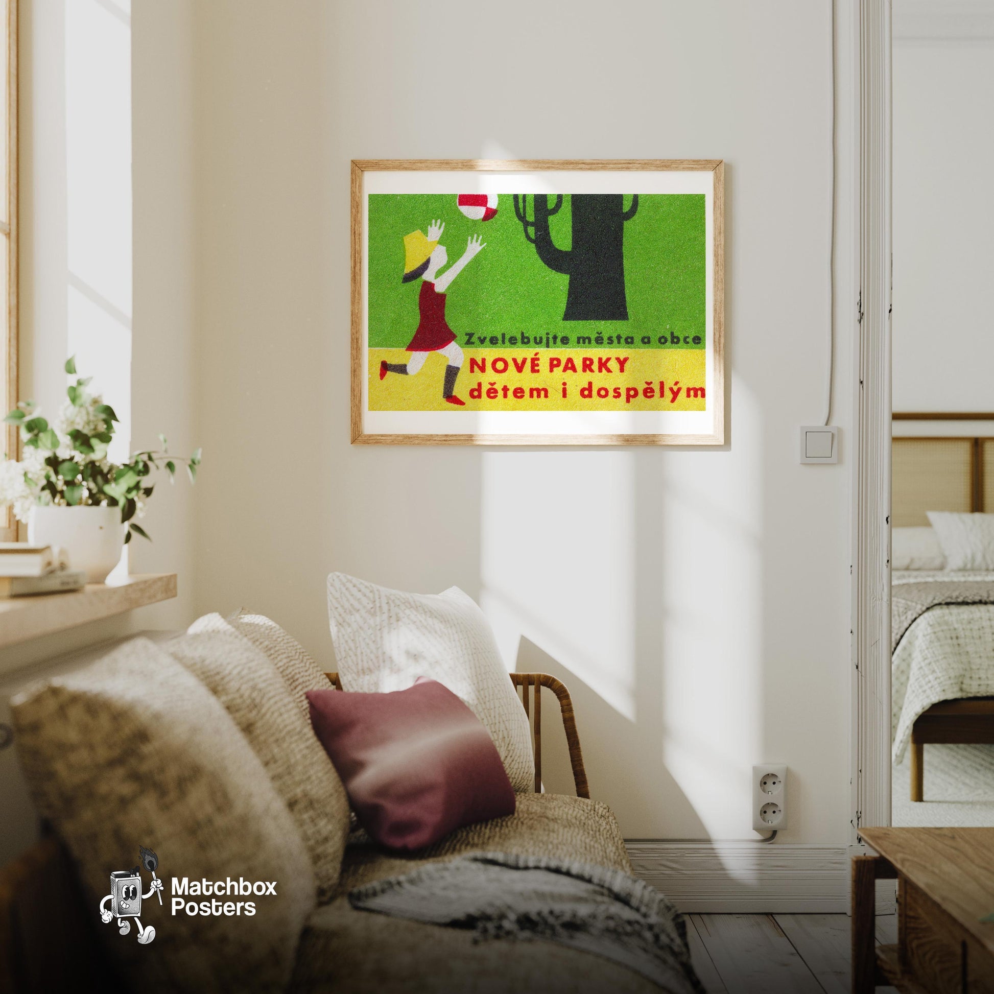 Girl Chasing Ball - vintage matchbox label print - living room mockup