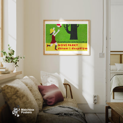 Girl Chasing Ball - vintage matchbox label print - living room mockup