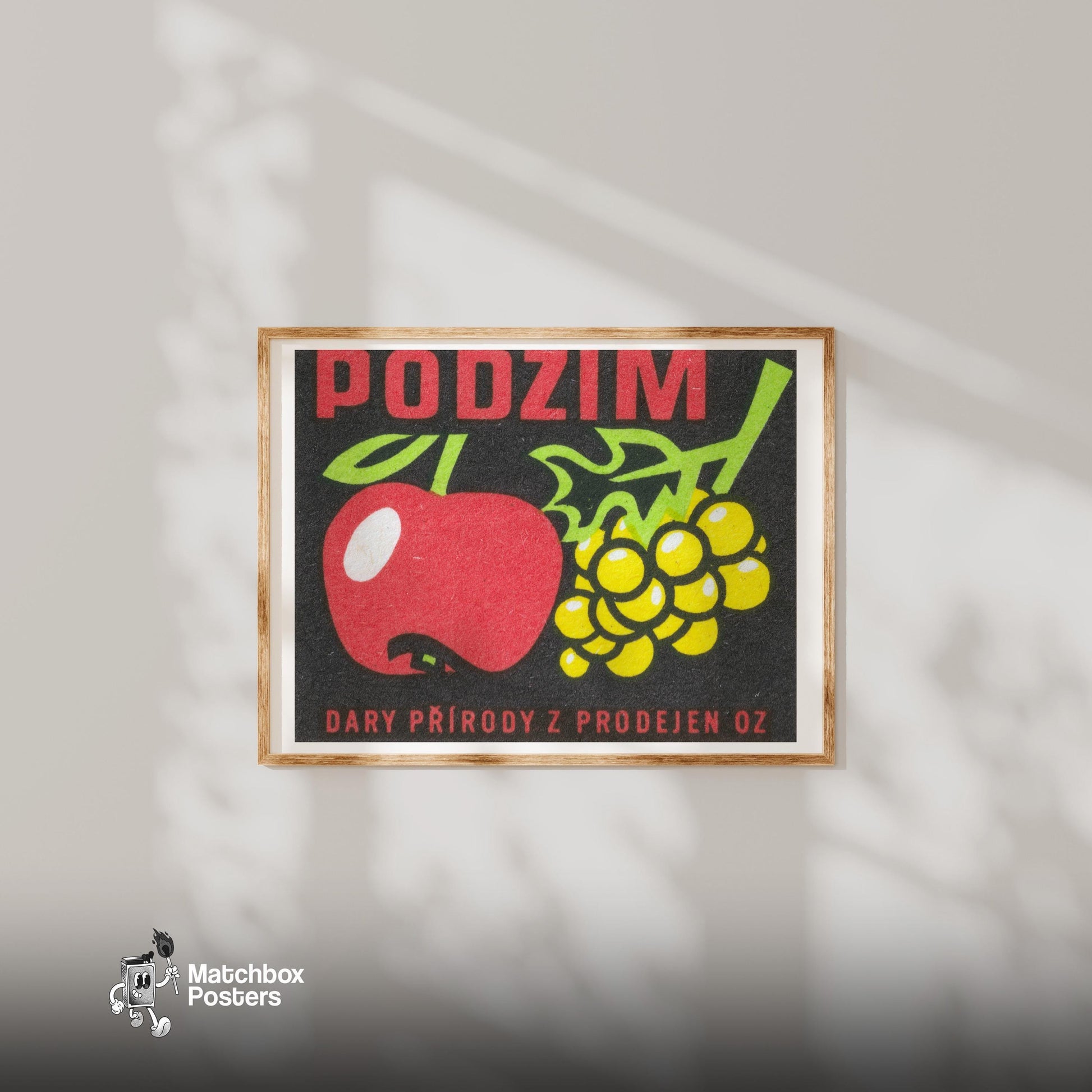 Apple and Yellow Grapes - vintage matchbox label print - bedroom mockup