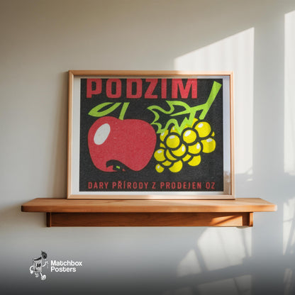 Apple and Yellow Grapes - vintage matchbox label print - size comparison