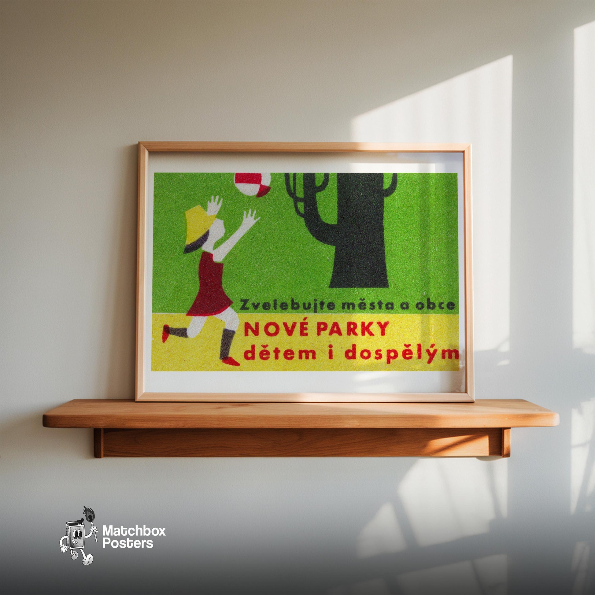 Girl Chasing Ball - vintage matchbox label print - size comparison