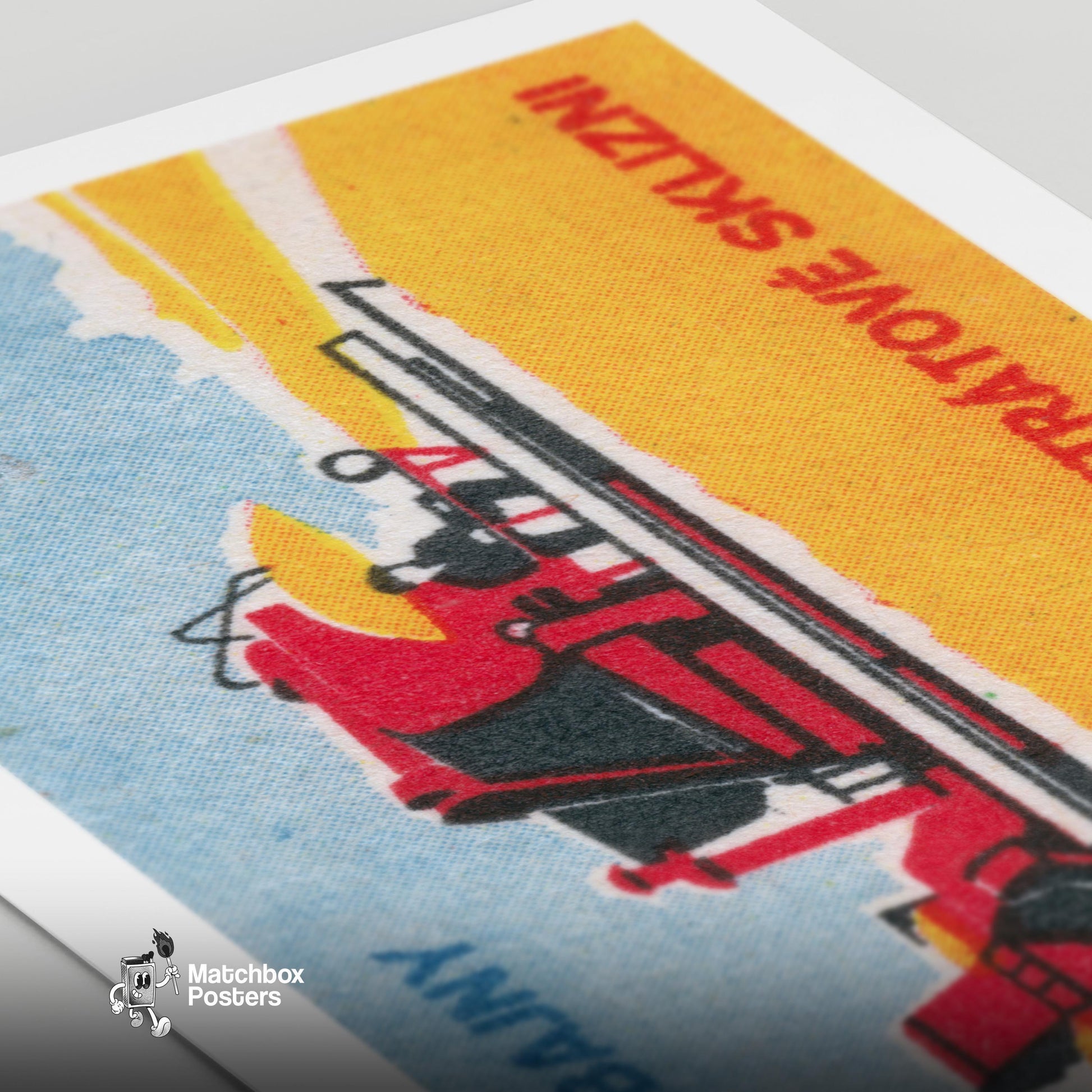 Red Combine Harvester - vintage matchbox label print - close-up detail