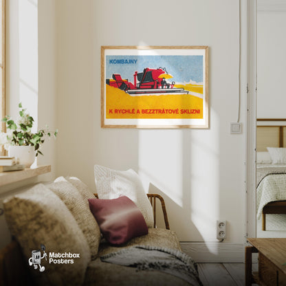Red Combine Harvester - vintage matchbox label print - living room mockup