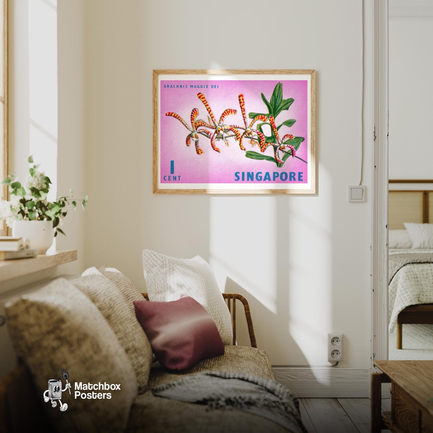 Arachnis Maggie Oei Orchid - vintage matchbox label print - living room mockup
