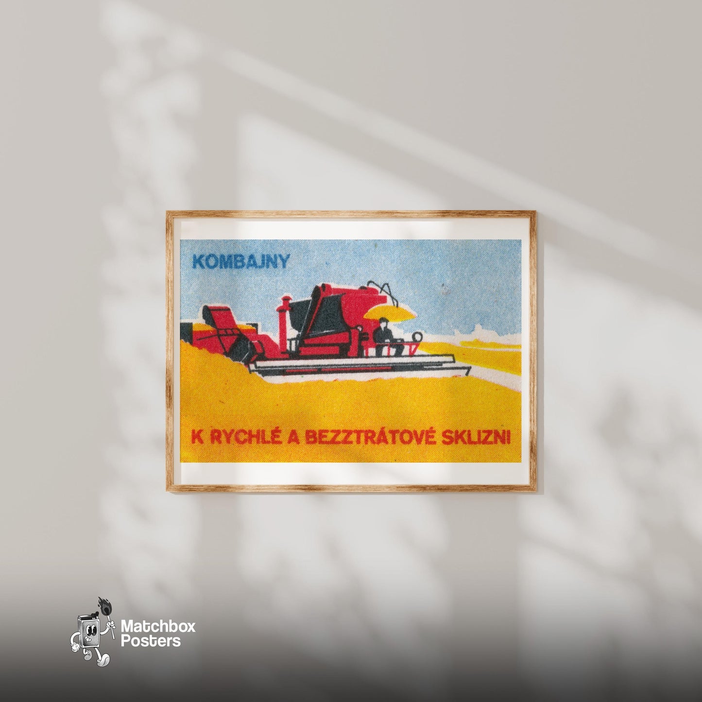 Red Combine Harvester - vintage matchbox label print - bedroom mockup