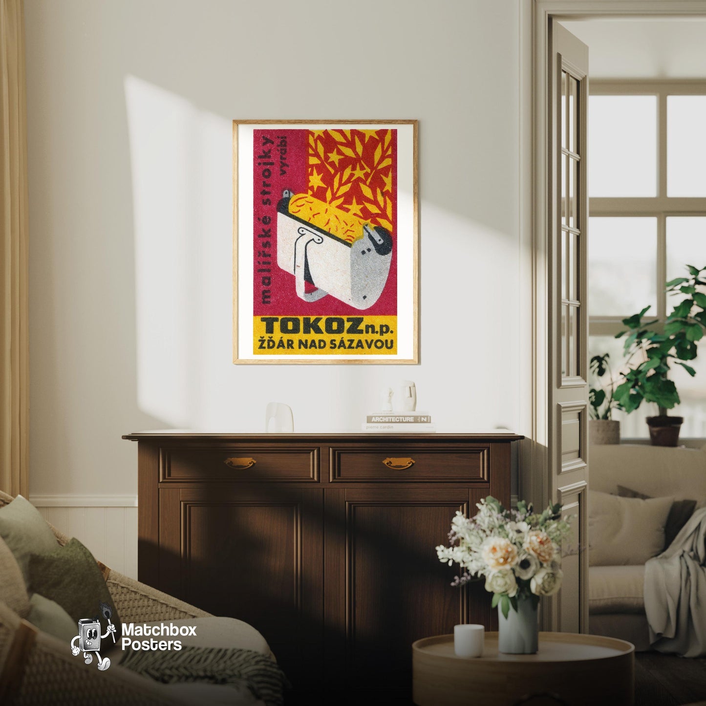 Wheat Collection Machine - vintage matchbox label print - living room mockup