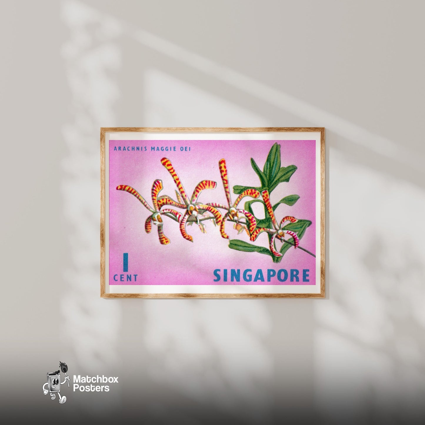 Arachnis Maggie Oei Orchid - vintage matchbox label print - bedroom mockup
