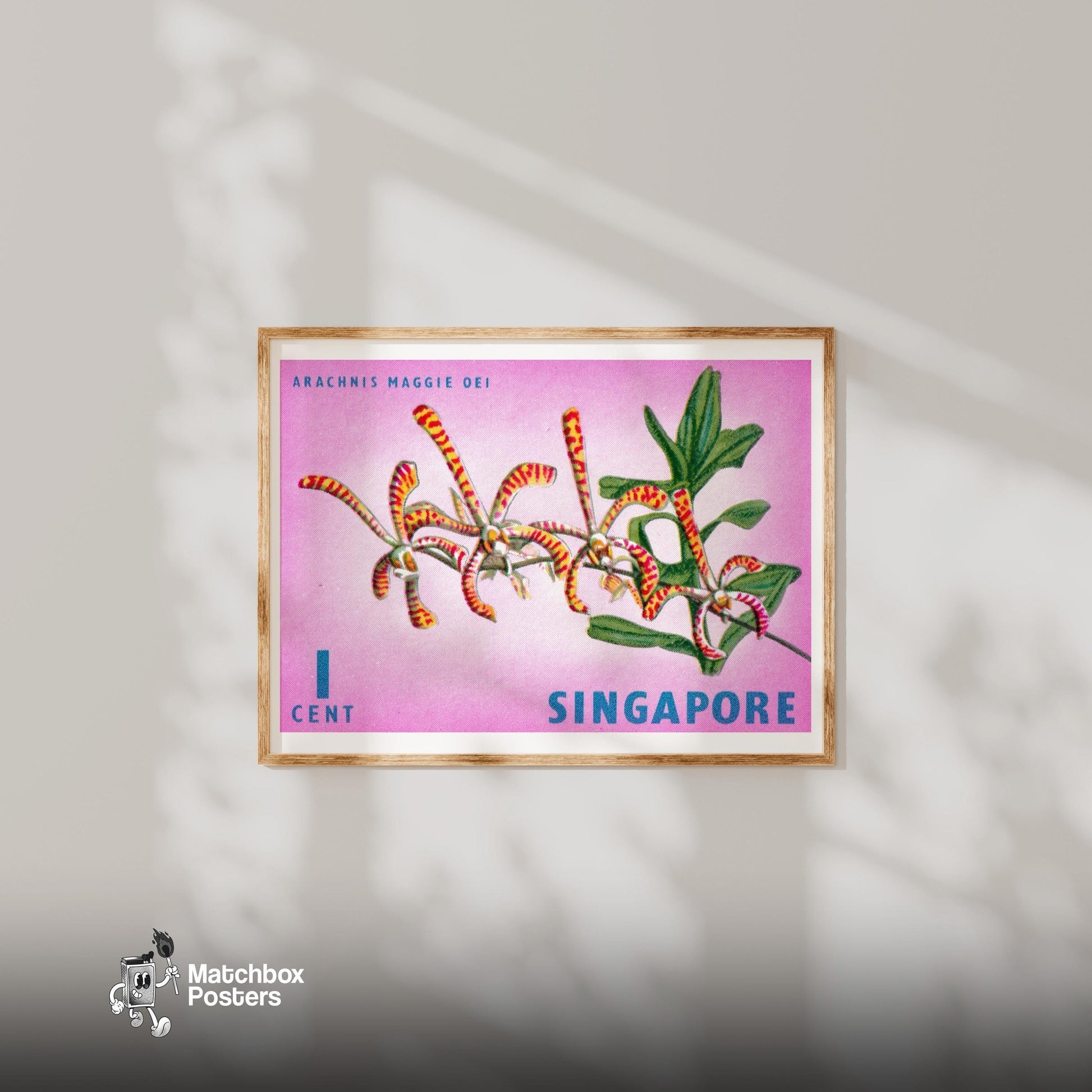 Arachnis Maggie Oei Orchid - vintage matchbox label print - bedroom mockup