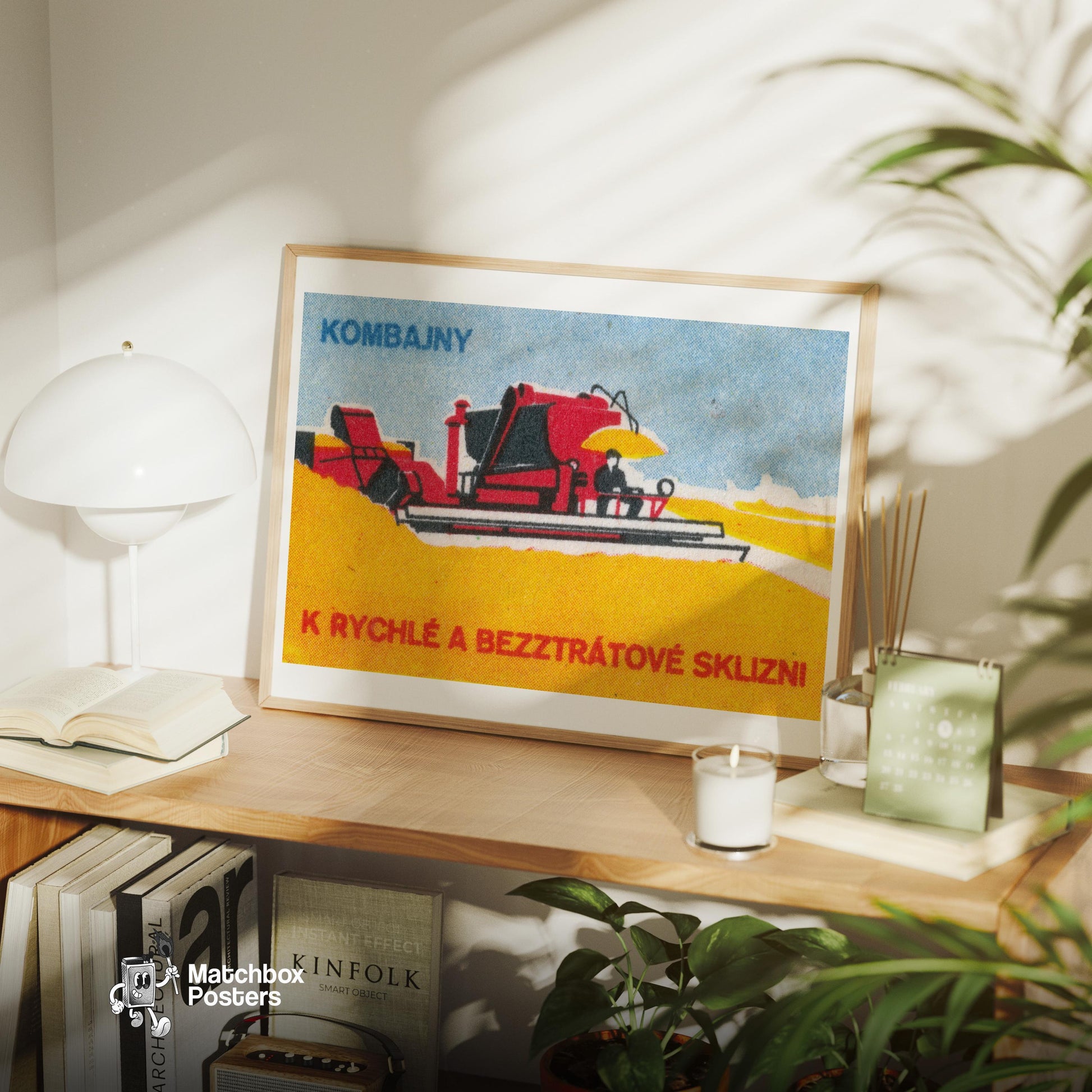 Red Combine Harvester - vintage matchbox label print - office wall