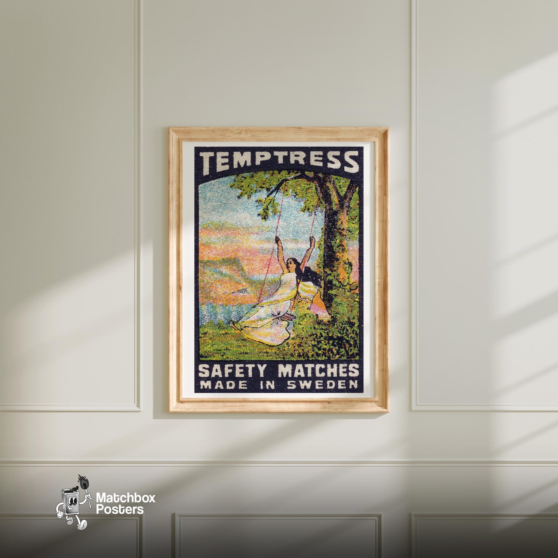 Woman on Swing - vintage matchbox label print - bedroom mockup