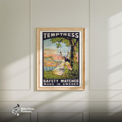 Woman on Swing - vintage matchbox label print - bedroom mockup