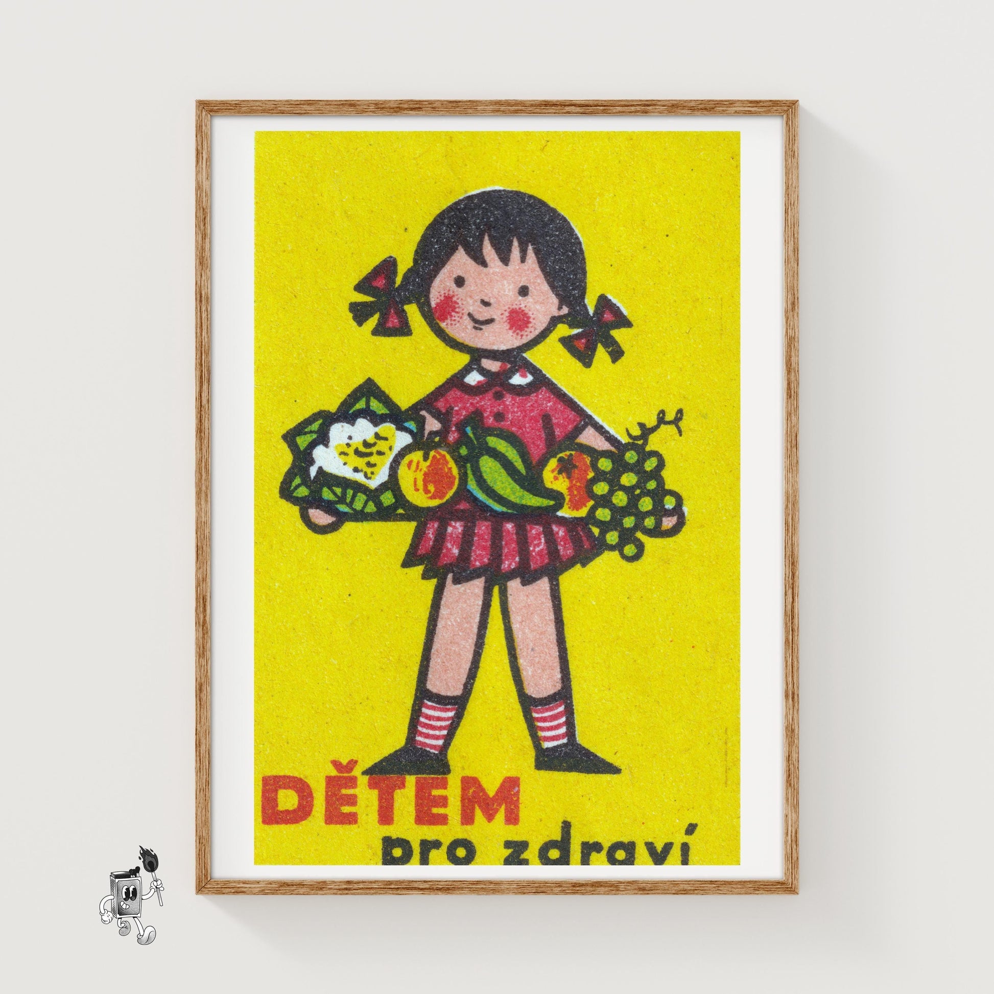 Girl Holding Platter of Fruits - vintage matchbox label print