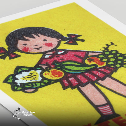 Girl Holding Platter of Fruits - vintage matchbox label print - close-up detail