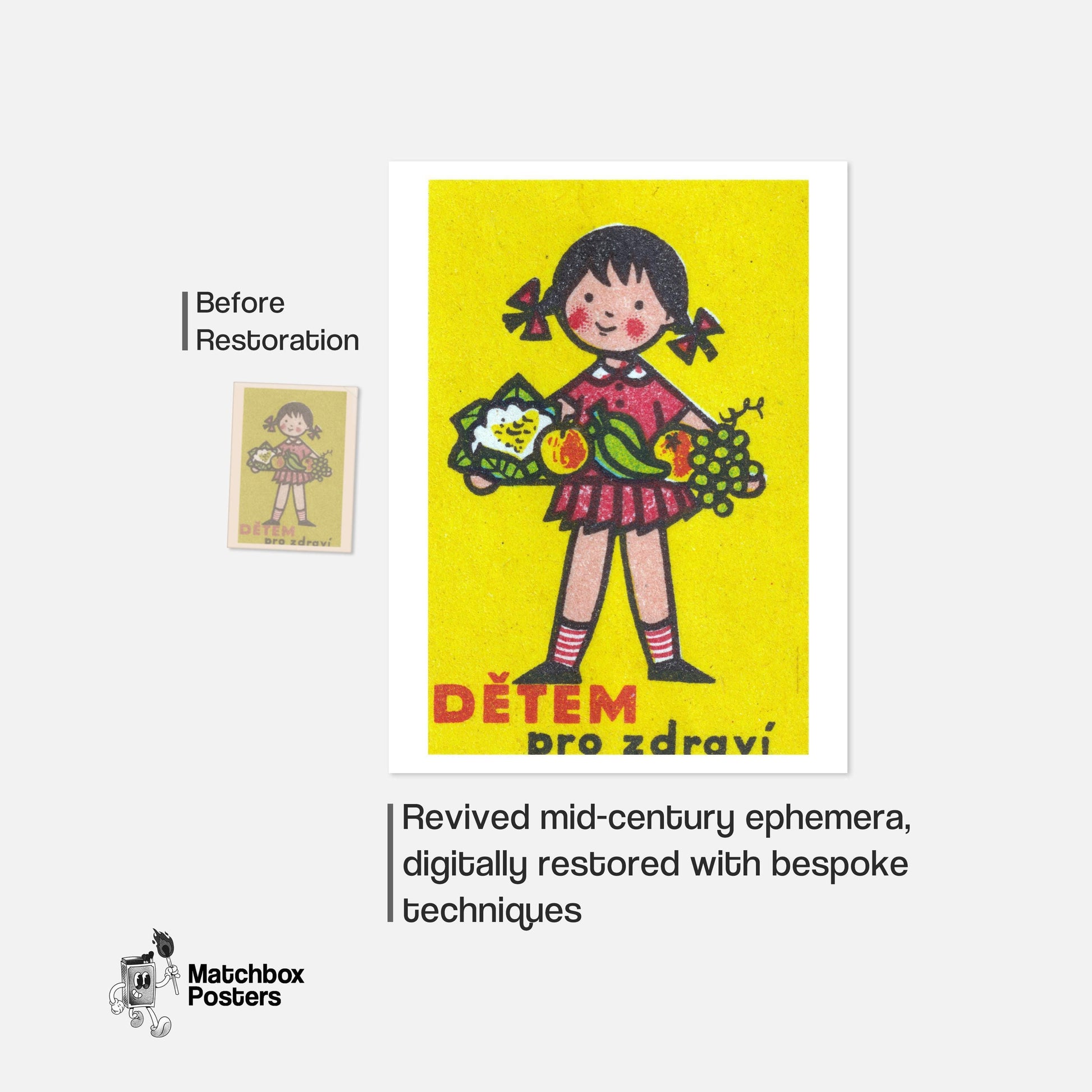Girl Holding Platter of Fruits - vintage matchbox label print - framed wall art preview