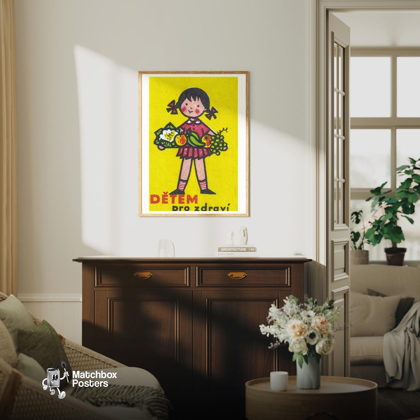 Girl Holding Platter of Fruits - vintage matchbox label print - living room mockup