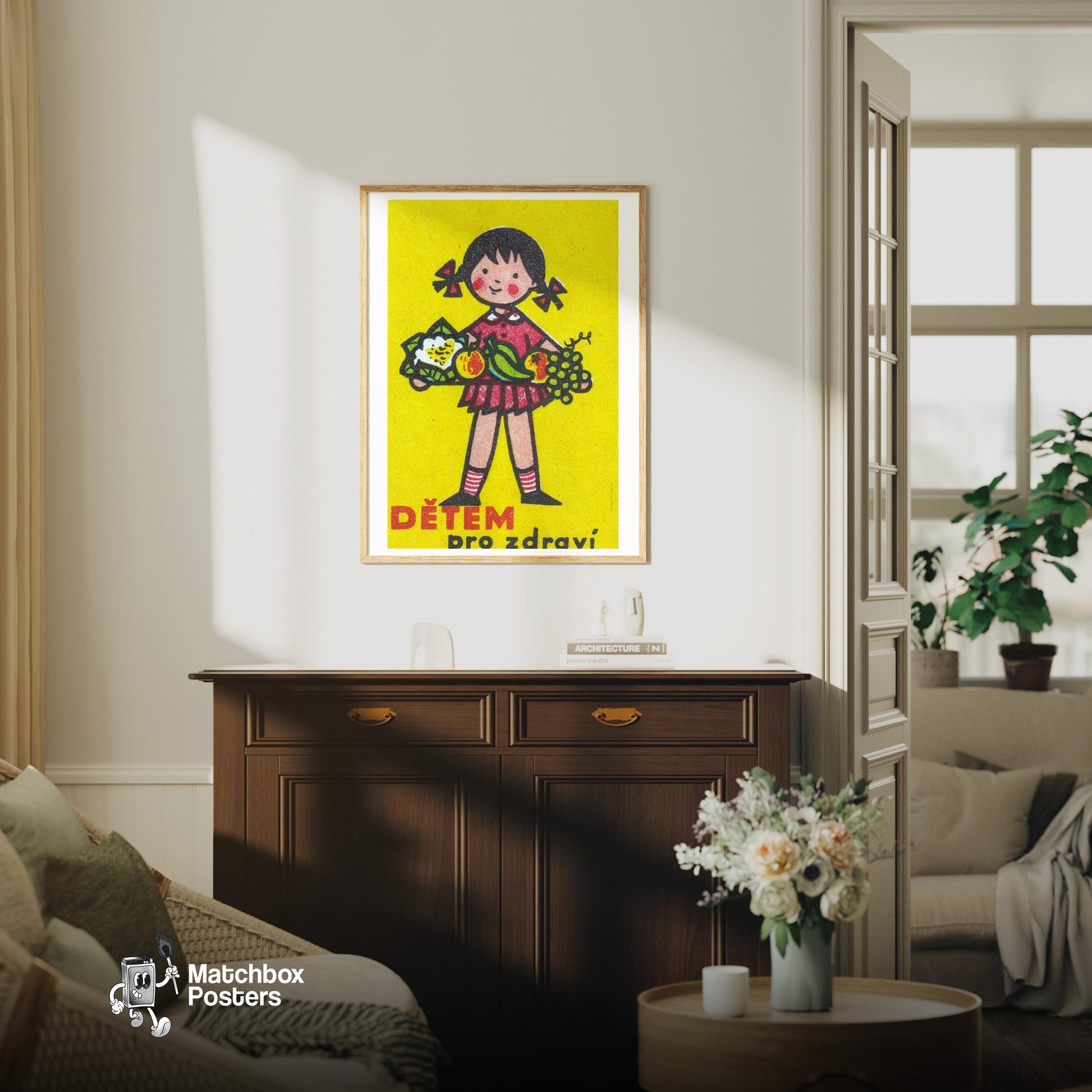 Girl Holding Platter of Fruits - vintage matchbox label print - living room mockup