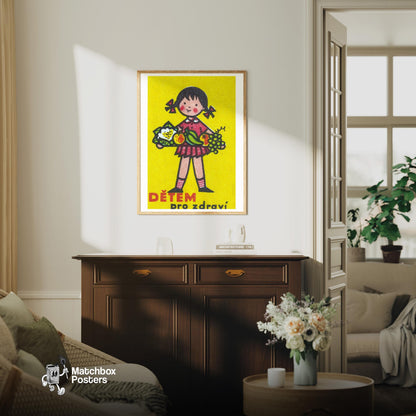 Girl Holding Platter of Fruits - vintage matchbox label print - living room mockup