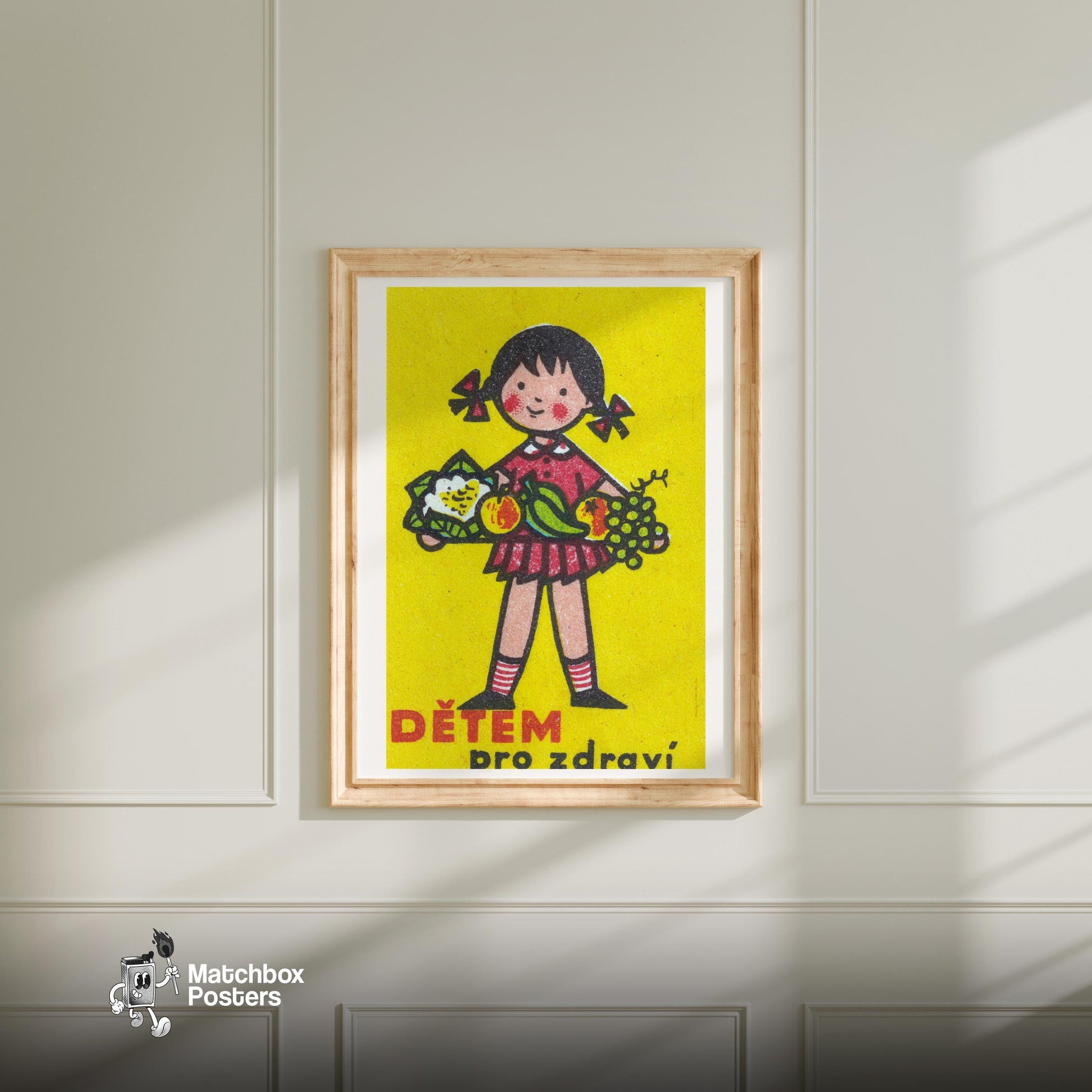 Girl Holding Platter of Fruits - vintage matchbox label print - bedroom mockup