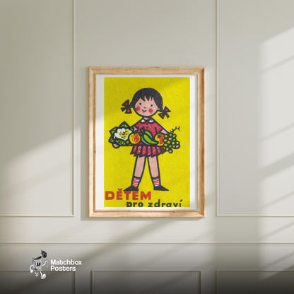 Girl Holding Platter of Fruits - vintage matchbox label print - bedroom mockup