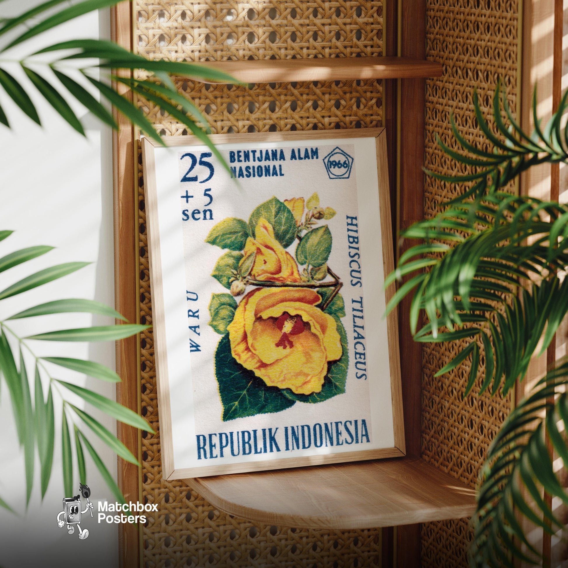 Yellow Hibiscus Flower - vintage matchbox label print - office wall