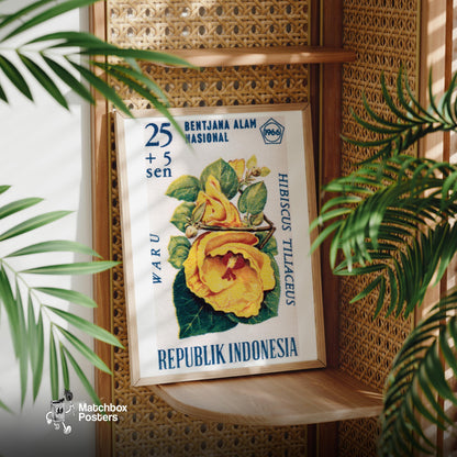 Yellow Hibiscus Flower - vintage matchbox label print - office wall