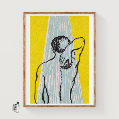 Back View Of A Person Under A Shower - vintage matchbox label print