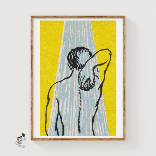 Back View Of A Person Under A Shower - vintage matchbox label print