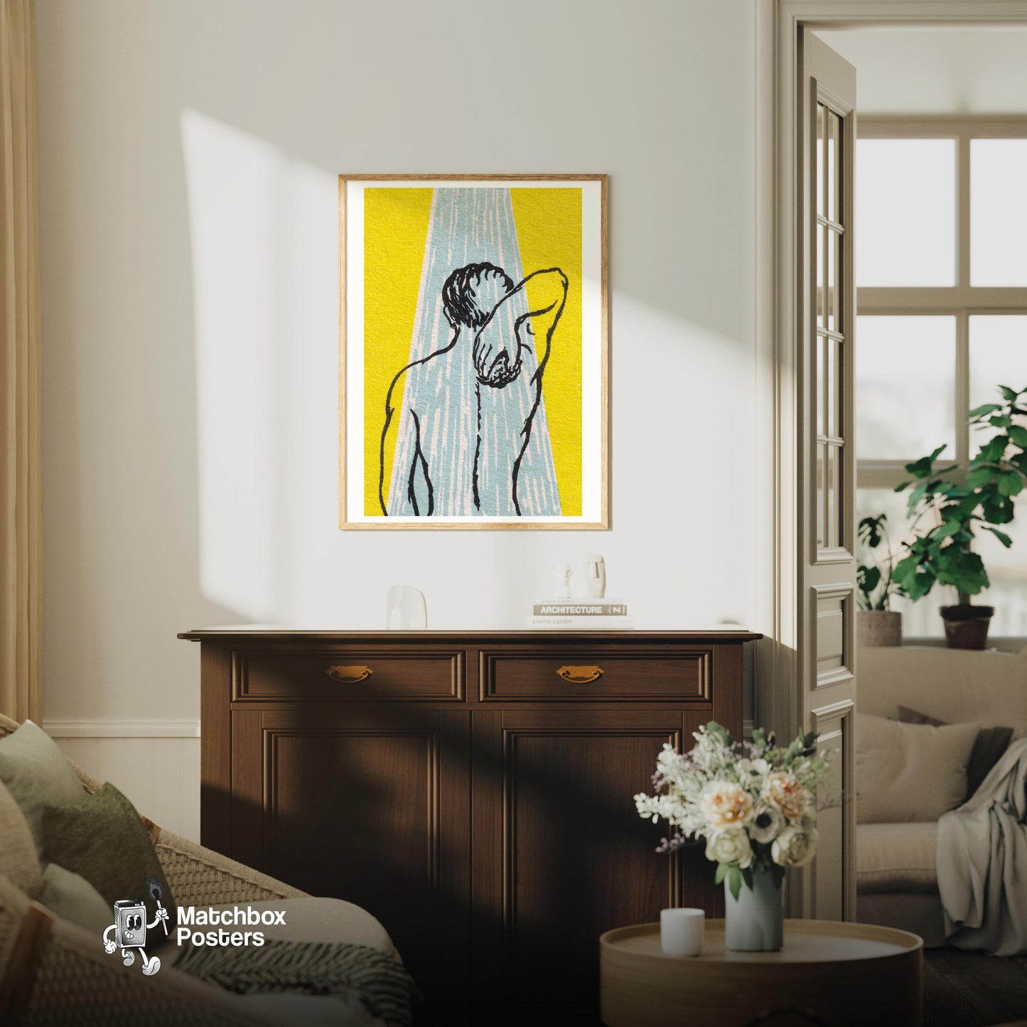 Back View Of A Person Under A Shower - vintage matchbox label print - living room mockup
