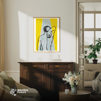 Back View Of A Person Under A Shower - vintage matchbox label print - living room mockup
