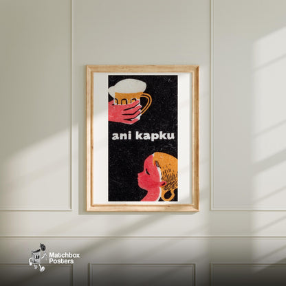 Person with Mug - vintage matchbox label print - bedroom mockup