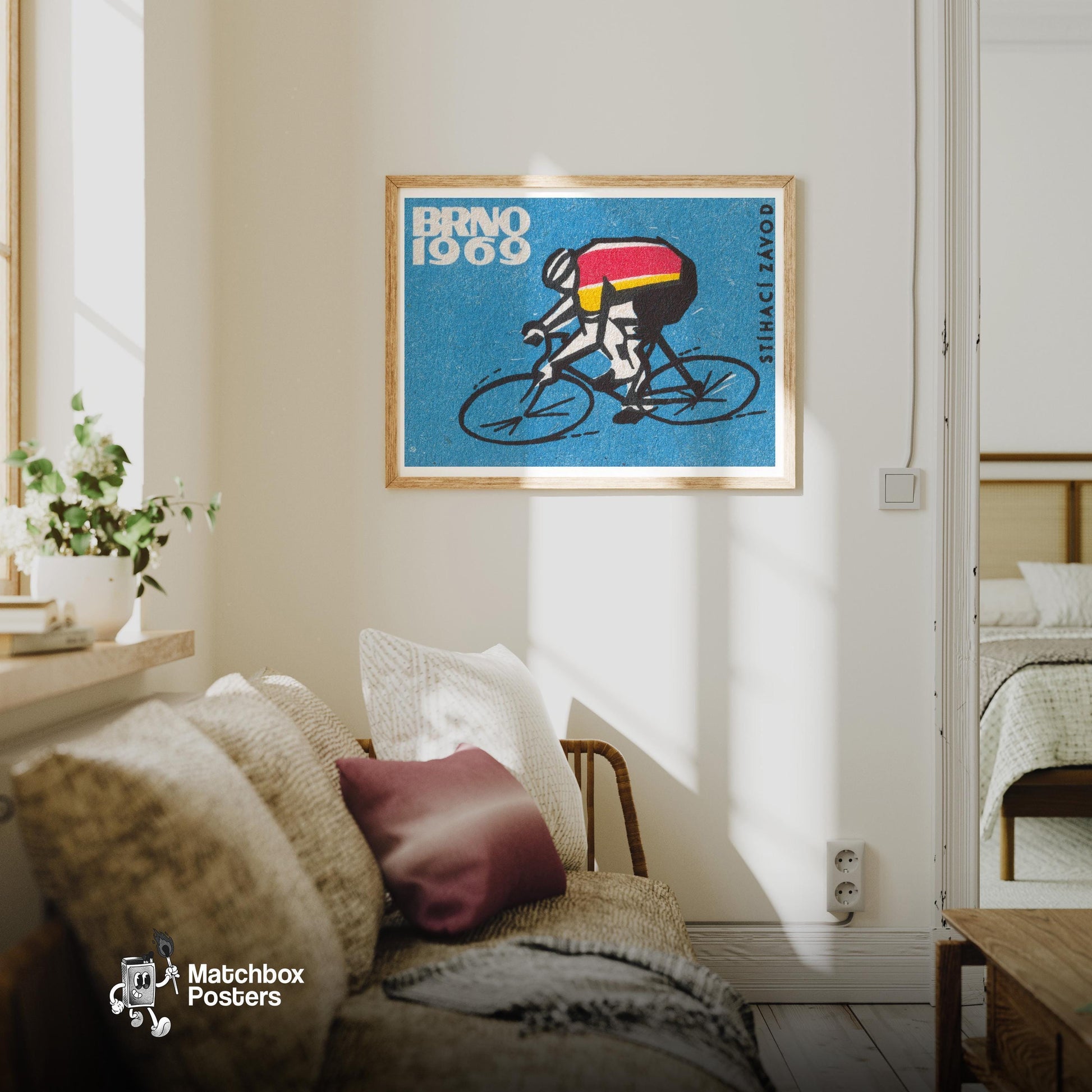 Cycling Championship - vintage matchbox label print - living room mockup