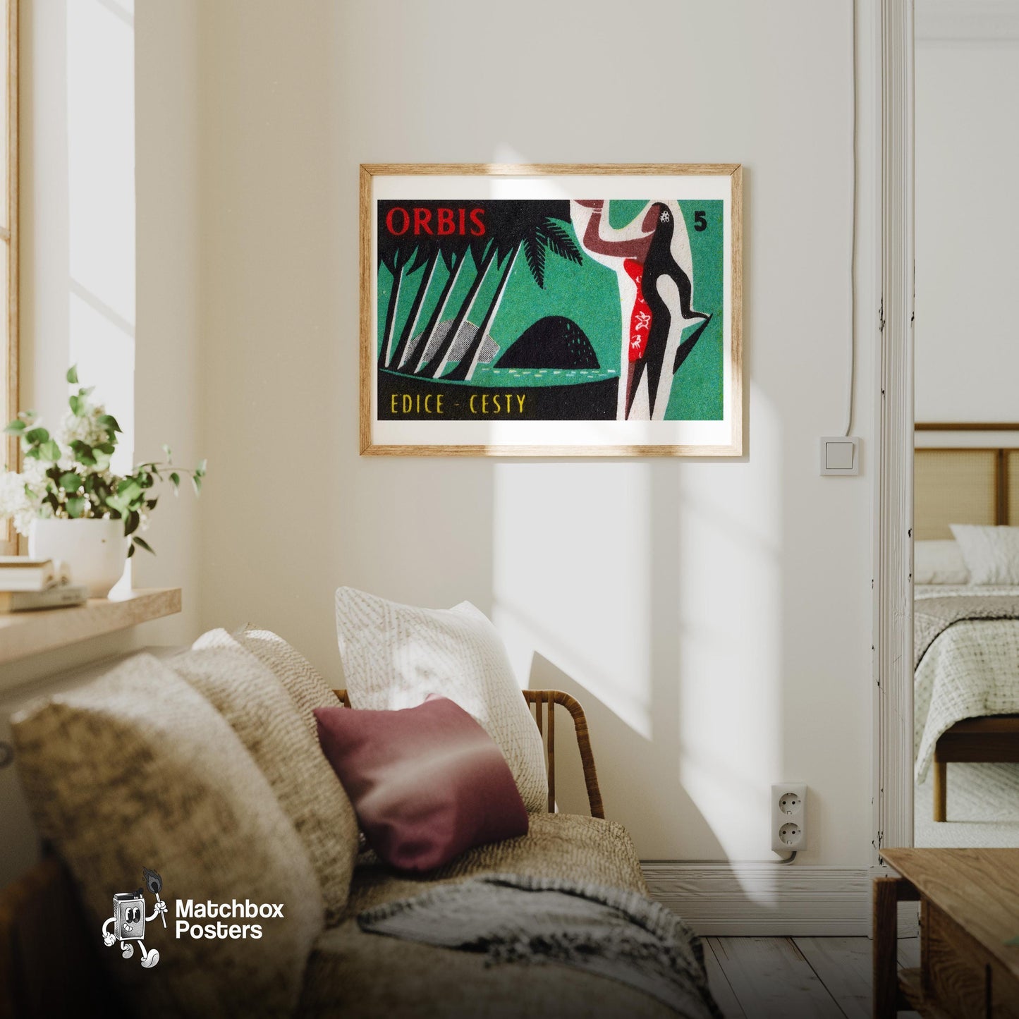 Tropical Island Woman - vintage matchbox label print - living room mockup
