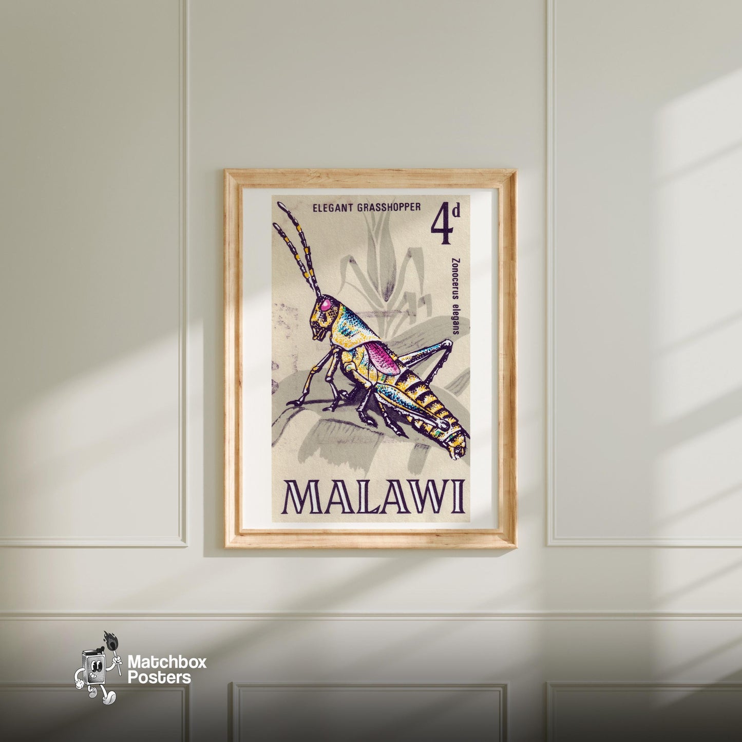 Grasshopper - vintage matchbox label print - bedroom mockup