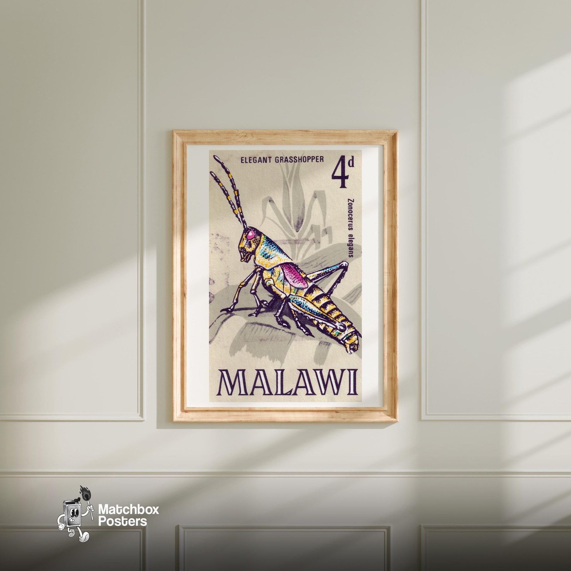 Grasshopper - vintage matchbox label print - bedroom mockup