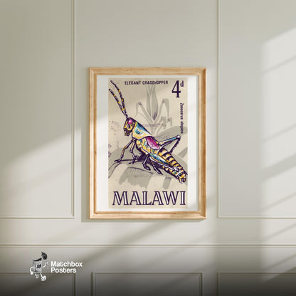 Grasshopper - vintage matchbox label print - bedroom mockup