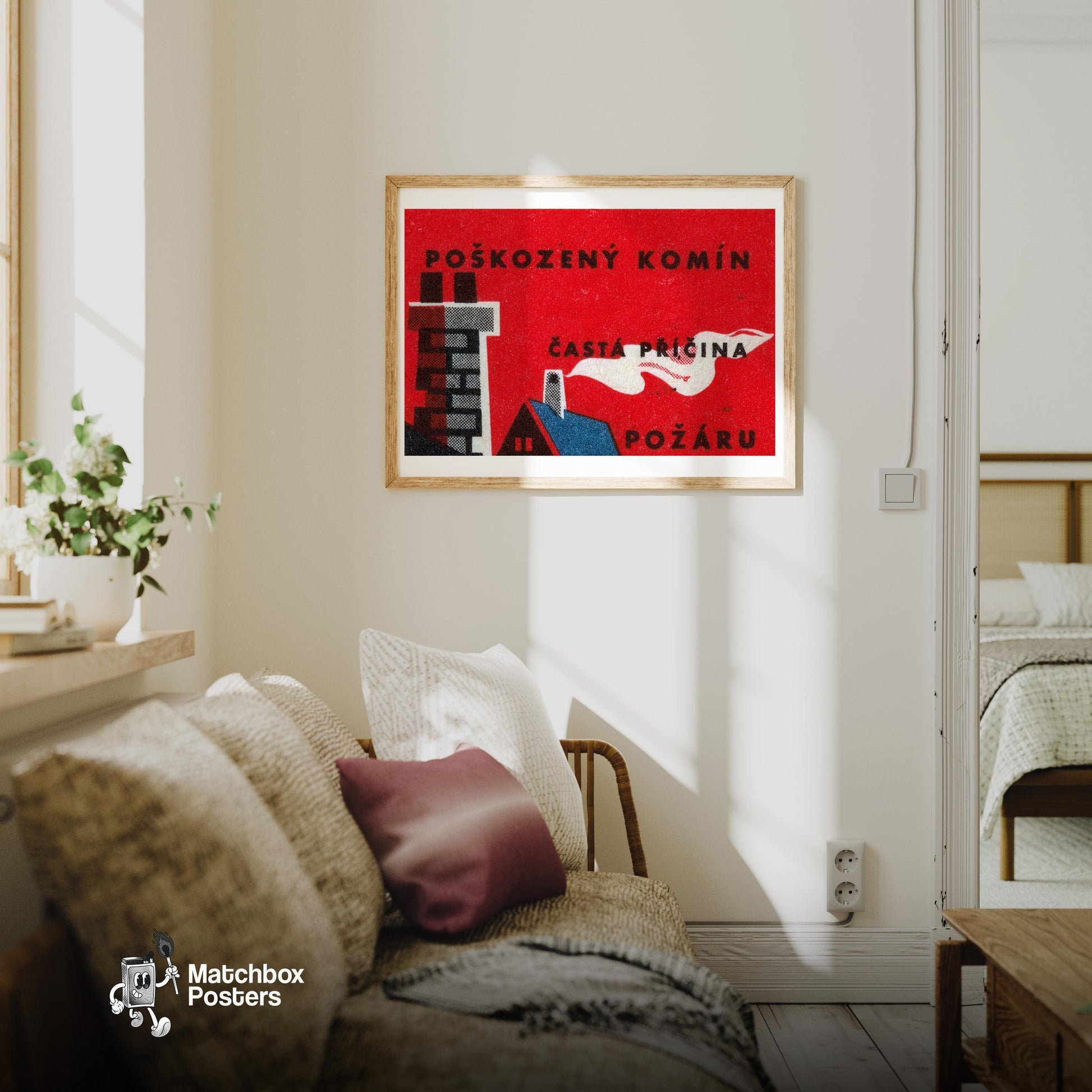 Chimney with Smoke - vintage matchbox label print - living room mockup