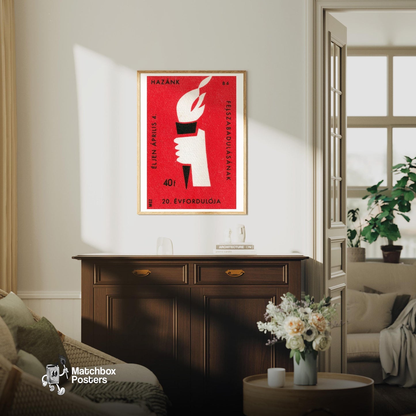 Flaming Torch - vintage matchbox label print - living room mockup